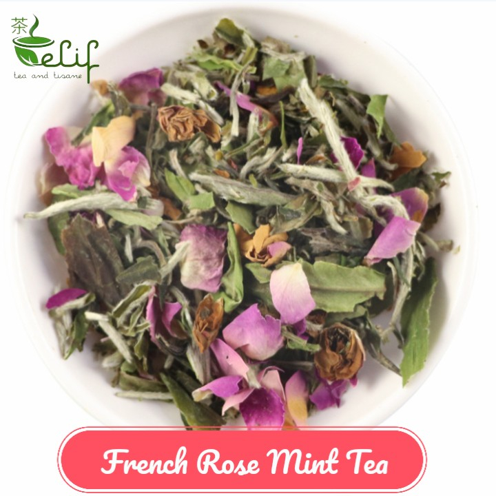 

ELIF TEA French Rose Mint Tea : French Rose, Spearmint, White Pu Erh Buds