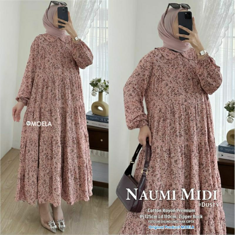 NAUMI MIDI DRESS BUNGA DRESS RAYON MOTIF ZIPPER BACK ORIGINAL MOELA