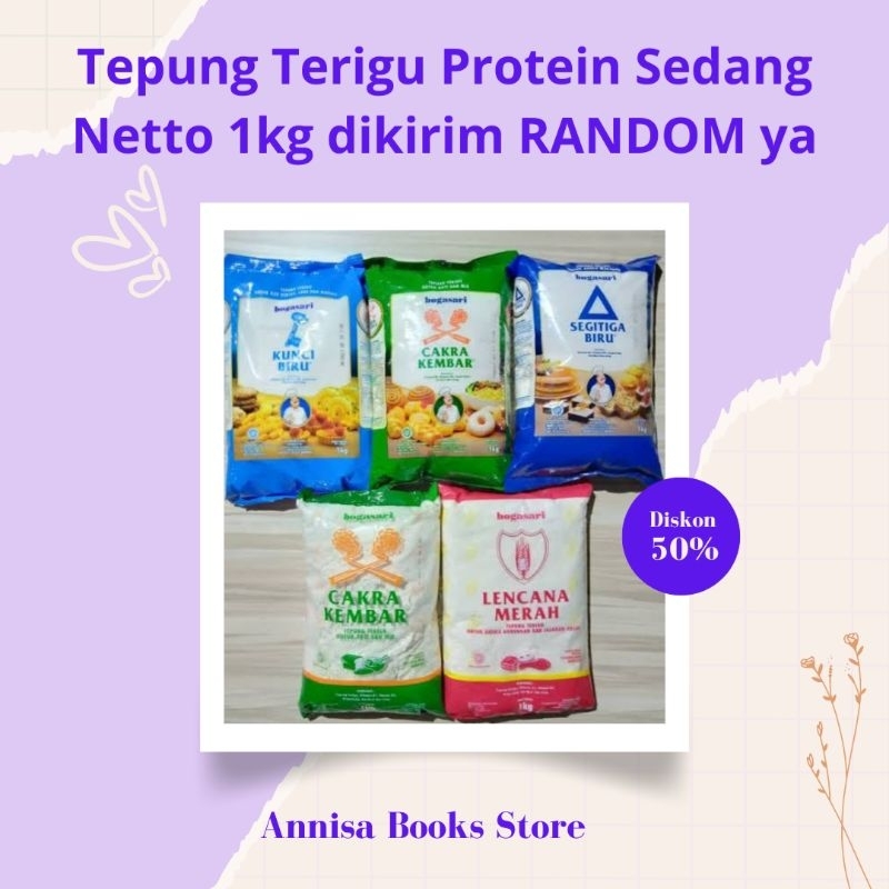 

ABS - Tepung Terigu Protein Sedang Random Merek 1 KG Segitiga Biru/Kunci Biru/Lencana Merah/Rose Brand/Cakra Kembar