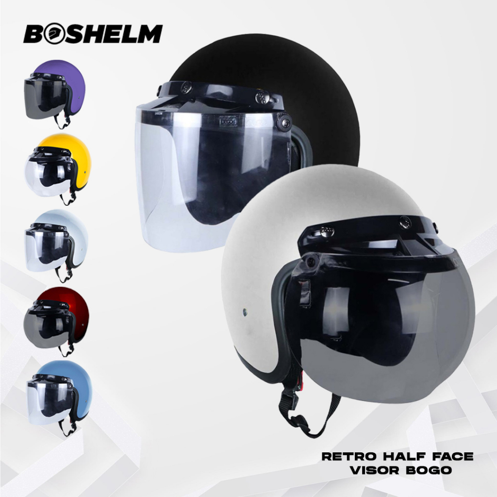BOSHELM Helm Retro SOLID Kaca BOGO Helm Half Face SNI