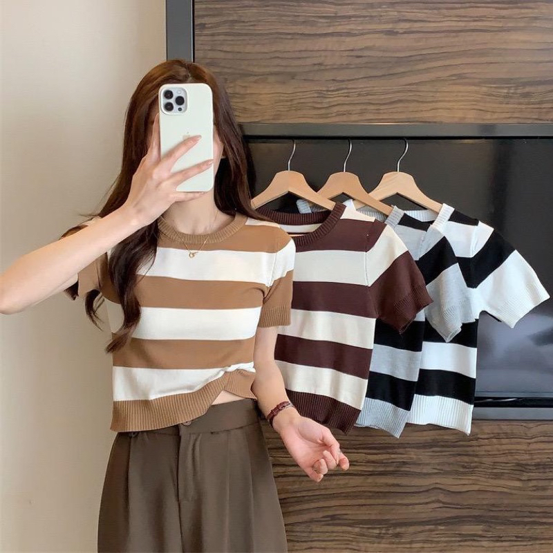 Pakaian Wanita Garis garis Baju Atasan Lengan Pendek Stripe Kaos Salur Wanita Rajut Premium