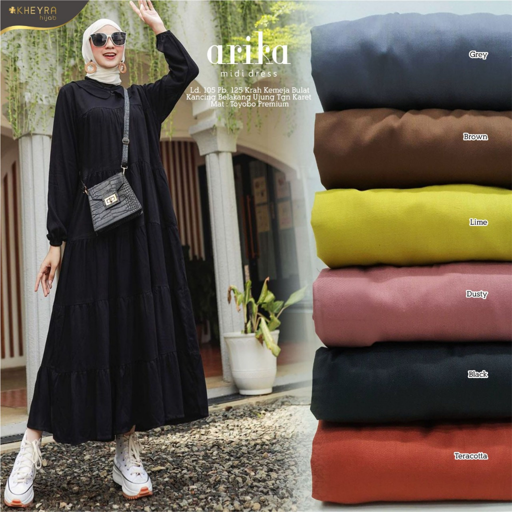 ARIKA MIDI DRESS KATUN TOYOBO PREMIUM LD 105 CM ALLSIZE FIT M TO XL DRESS WANITA CASUAL MODEL REMPEL