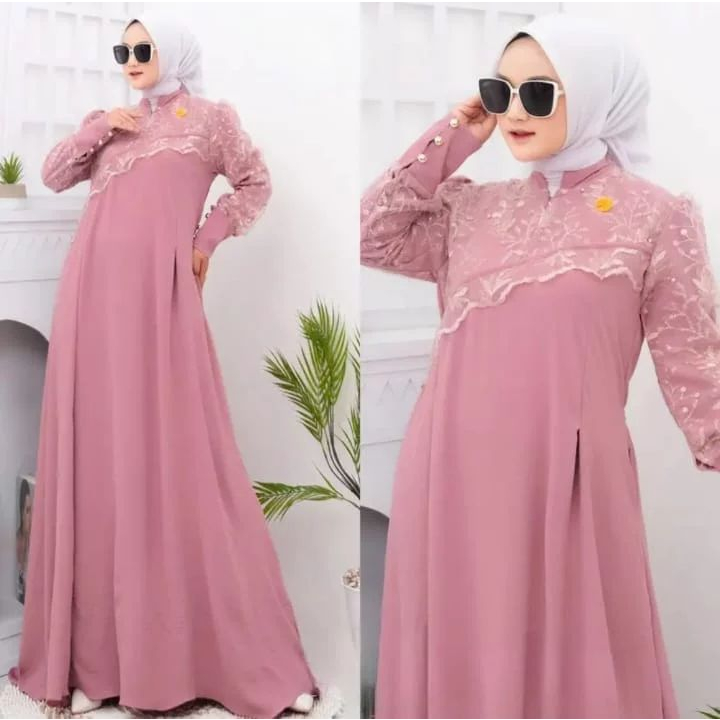 Crinkle Meisya Dress Gamis Muslim Wanita Bahan Crinkle Airflow Mix Brukat Baju Dress Wanita Kekinian Casual Dress GOM