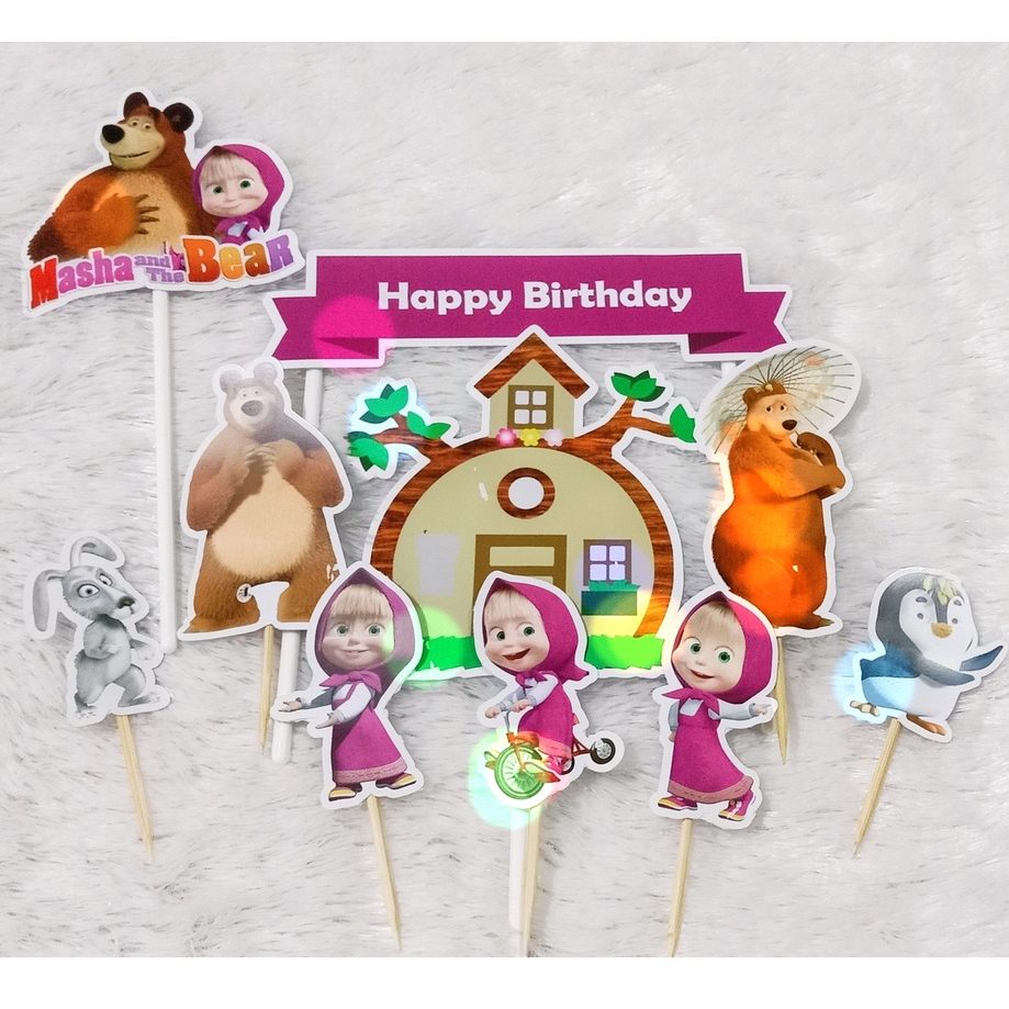 Topper Kue Marsha and The Bear Custom Nama untuk Hiasan Cake Ulang Tahun Anak Karakter