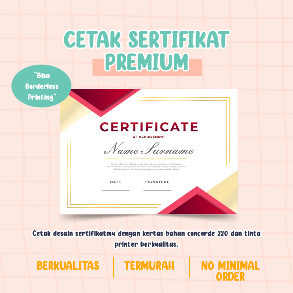 

Cetak Sertifikat Penghargaan, Sertifikat Ranking, Sertifikat Kepanitiaan, Sertifikat Juara, Bahan Concorde 220, Certificate of Appreciation
