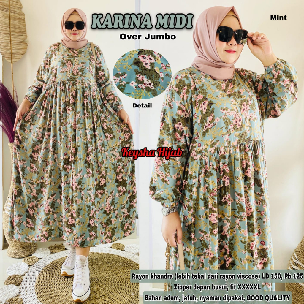 midi dress dres pakaian baju gamis panjang selutut katun adem motif super jumbo big over size ld 150
