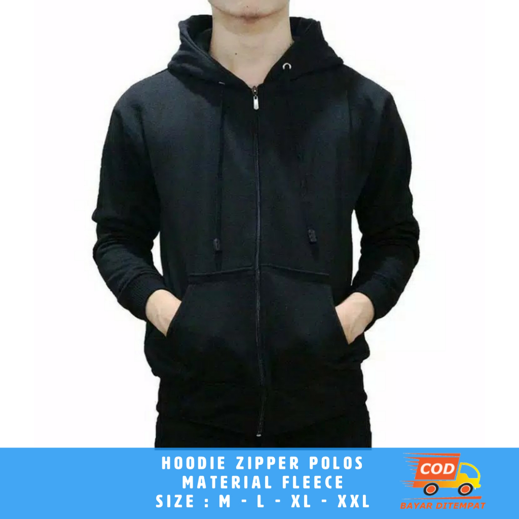 Jaket Hoodie Zipper Pria Wanita Polos Hitam