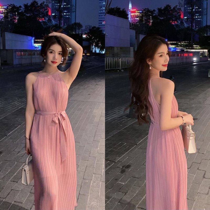 QUEEN SAKURA - Q11386D - CHELSEA HALTERNECK PLEATED DRESS IMPORT - DRESS PLISKET PANJANG CASUAL KORE