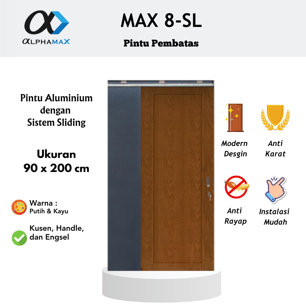 Pintu Aluminium Pintu Rumah Pintu Kamar Pintu Kamar Mandi  Sliding Full Panel Alphamax Max 8-SL 90 x