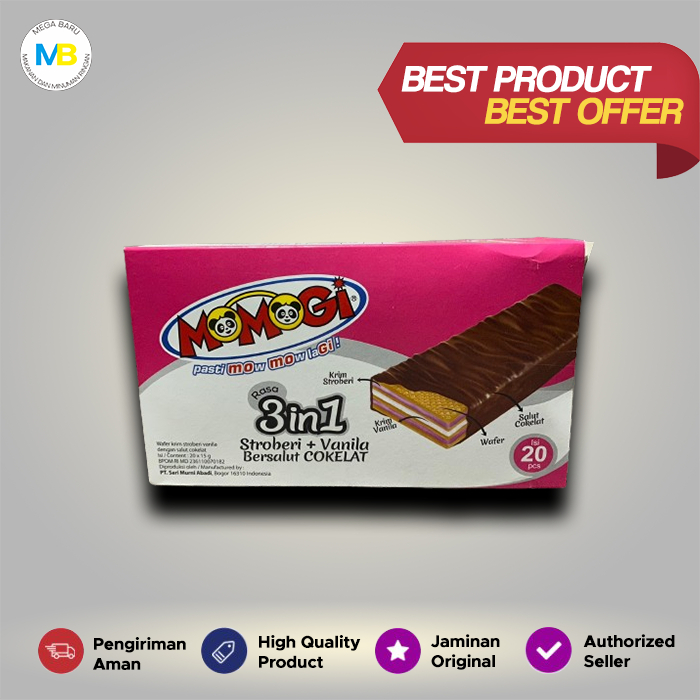 

Wafer Krim Momogi 3in1 Rasa Stroberi Vanila dengan Salut Cokelat 15 g