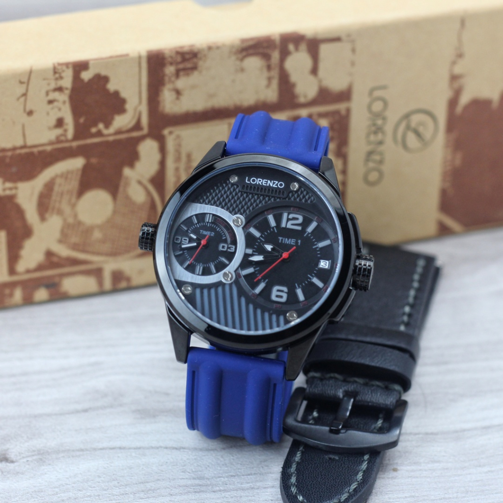 Jam tangan Pria lorenzo 1036M tali karet free kulit tanggal aktif original