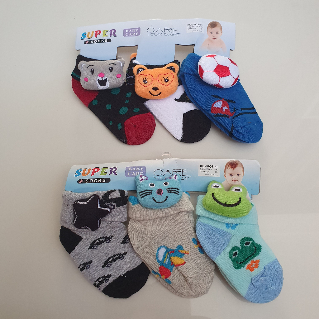 Kaos Kaki Bayi Lucu Murah Motif Boneka Samping Karakter 1 set isi 3 pcs