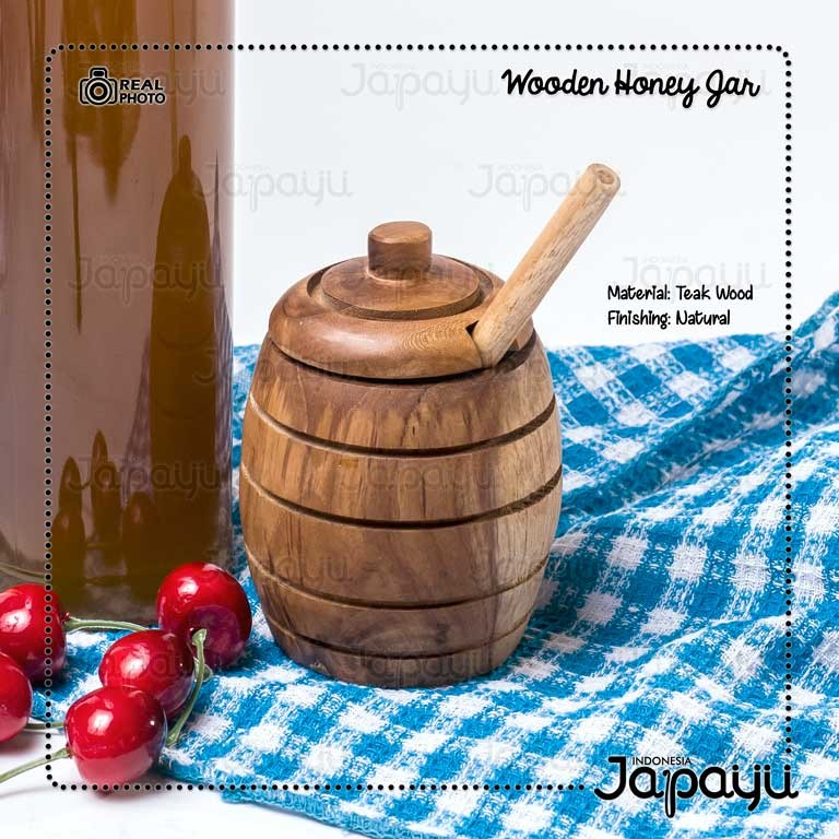 Tempat Madu Stoples Kayu Jati Wooden Honey Jar Dipper Properti Foto