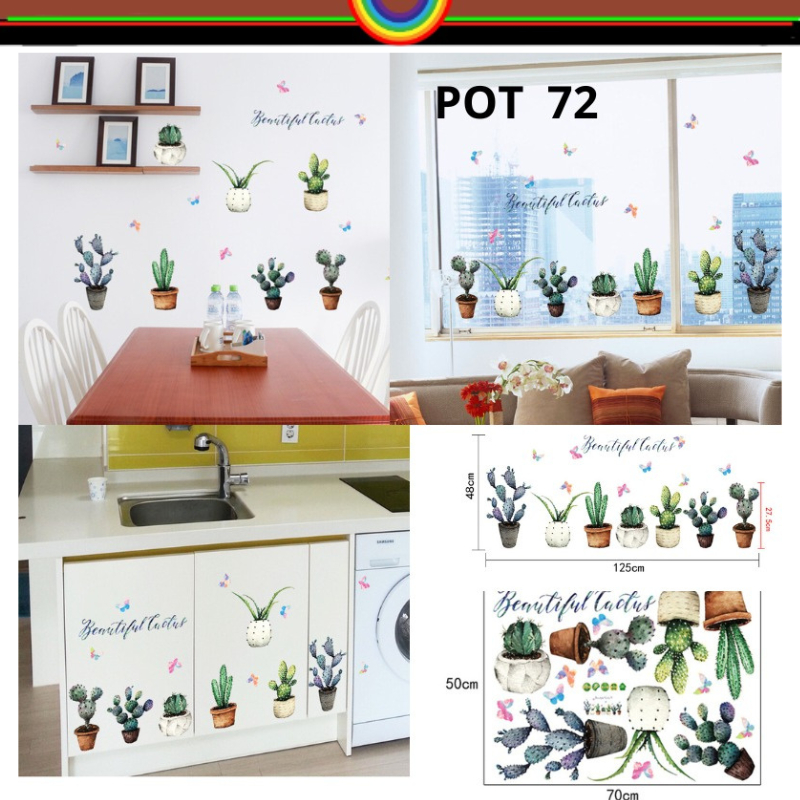 WALL STICKER  STIKER SETIKER WALLSTICKER DINDING GAMBAR MOTIF POT 72 KAKTUS PINK TEMPELAN HIASAN DEK
