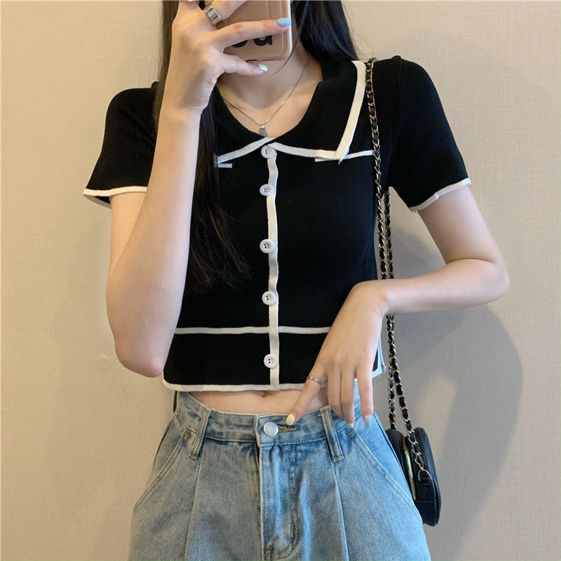 •YF• BJ1368 Baju Atasan Kaos Lengan Pendek Korean Collar Crop Top Atasan Kemeja Knit Fashion korean