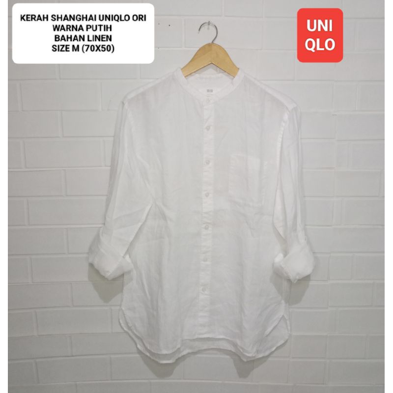 KEMEJA KERAH SHANGHAI PUTIH UNIQLO ORI SIZE M BAHAN LINEN