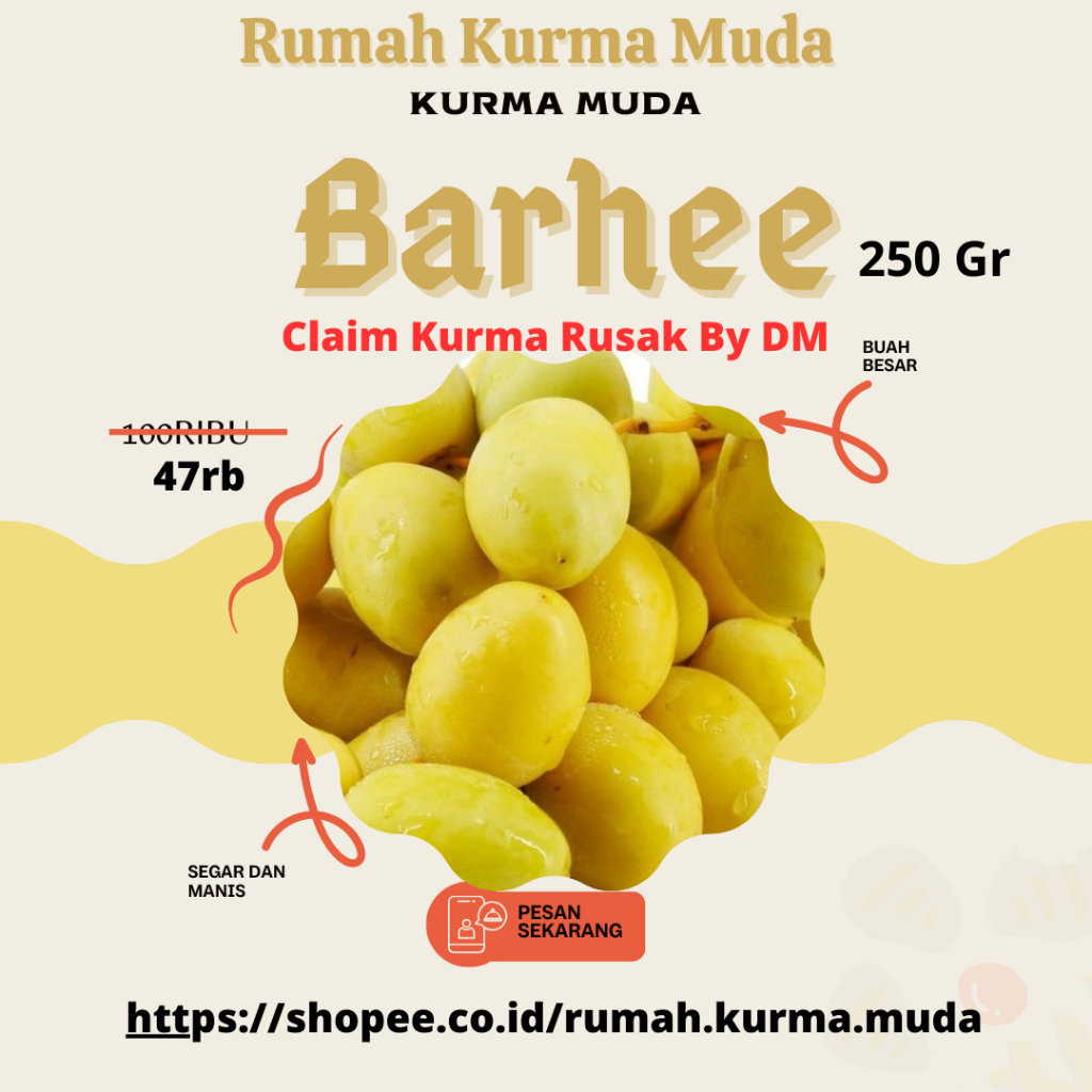 

Rumah Kurma Muda - 250g Kurma Muda Barhee | Kurma Muda Promil 250gr Warna Kuning Barhi dan Merah Promil | Kurma muda untuk promil | kurma 1kg | Promil Kurma Muda