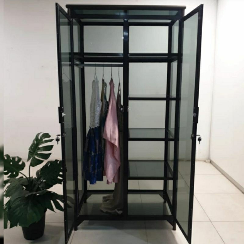 TC ALUMINIUM 60X55X180 88X55X180  LEMARI RAK BAJU ALUMINIUM 20U FULL KACA 3 MM GANTUNG HANGER BAJU P