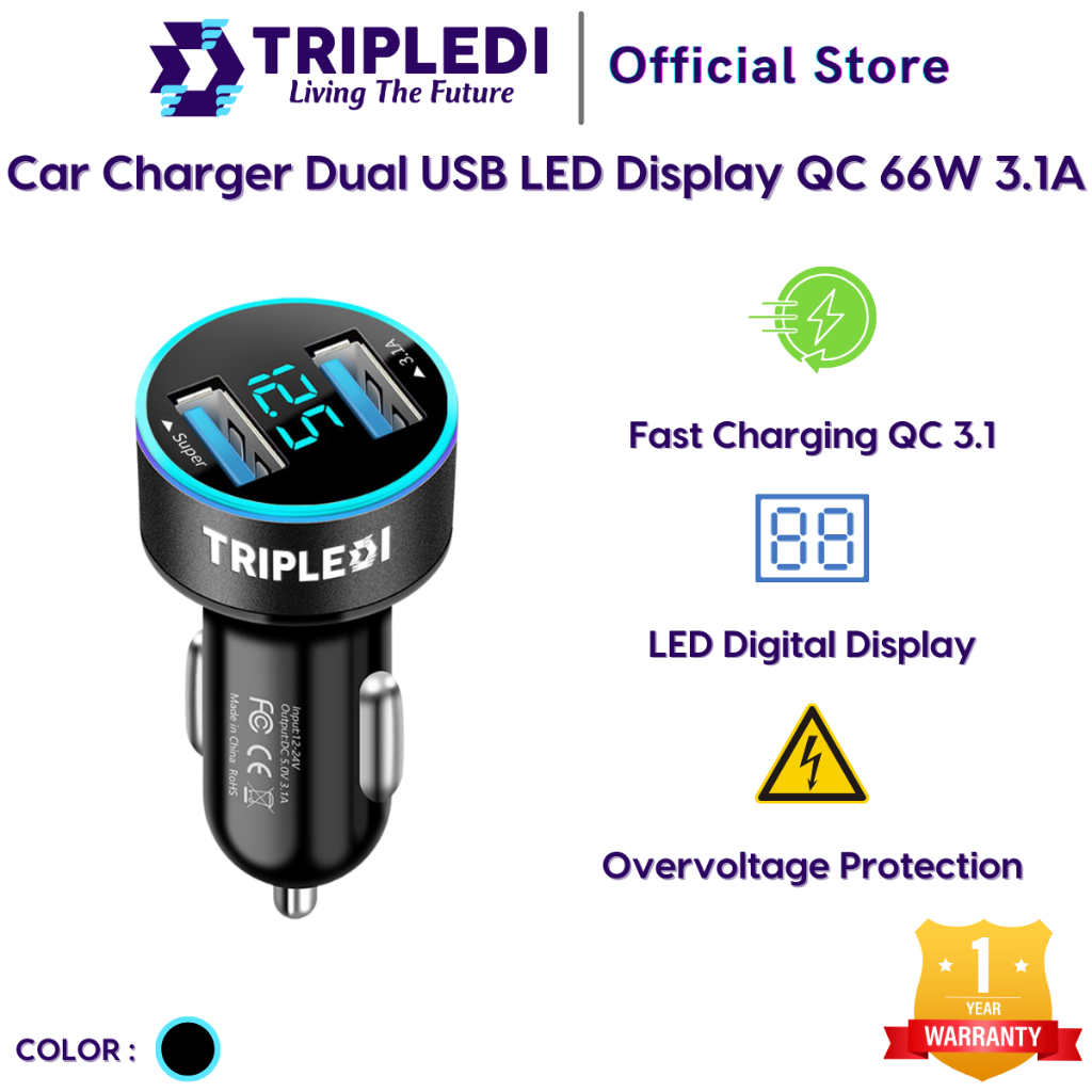 TRIPLEDI Car Charger Quick Charge 3.0 3.1A 2 Port USB QC Fast Charging Casan Mobil Hp 66W Max LED Digital Display Pengisi Daya Ponsel Cas Adapter Handphone IOS Android-Hitam