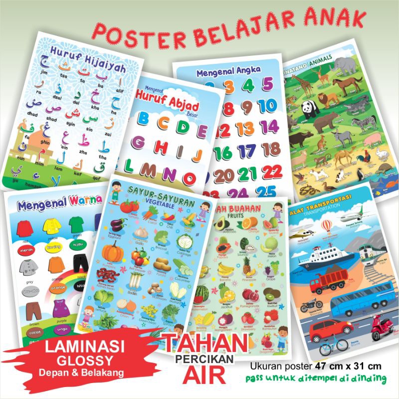 Poster Belajar Edukasi Mengenal Abjad Huruf Besar dan Kecil angka hijaiyah hewan transfortasi warna 