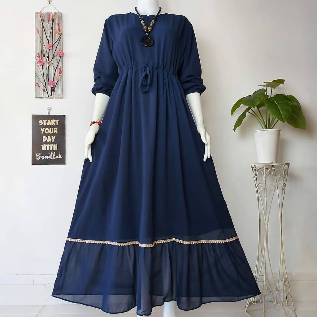 Gamis Wanita Terbaru Zahrani Dress Bahan Kain Ceruty Babydoll Full Puring Aplikasi Renda Gamis Cerut