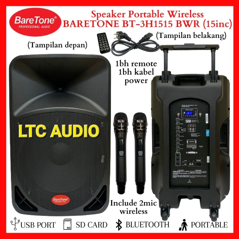 Baretone BT-3H1515BWR Speaker Portable 15in Wireless Bluetooth 250Watt Hitam