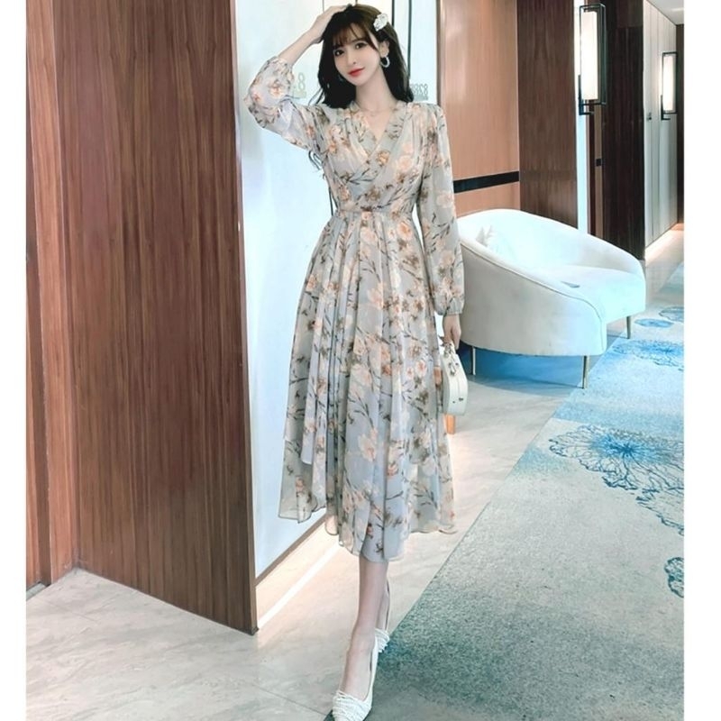 12640 Fashion maxi long dres dress lengan panjang karet bunga bunga bunga2 samping ada ziper sleting