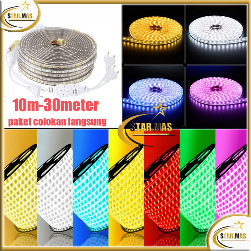 5050 PAKET Lampu Led Strip Selang 5050 10M-15M-20M-30M (lampu strip+ Soket+tutup )5050 Lampu Hias Ca