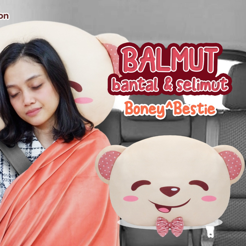 BALMUT Bantal Selimut Beruang Boney Brown Istana Boneka traveling travel pillow mobil car halus tanp