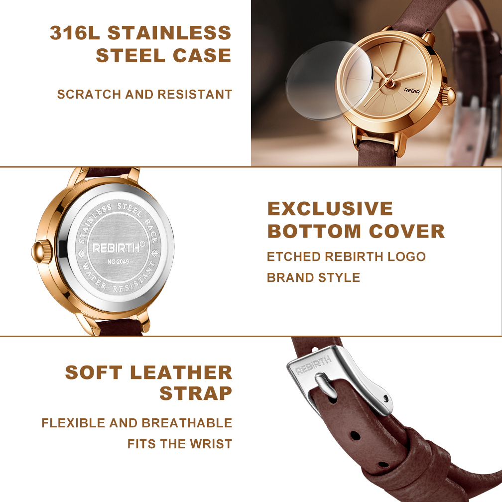 REBIRTH Jam Tangan Wanita Korea Anti Air Panggilan Mini Antik Kasual Tali Kulit Jam Tangan Cewek Original-6