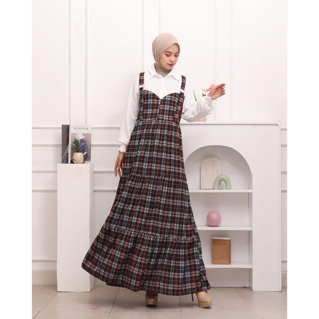 Ayunda Dress Gamis Wanita Overall Korea Combi Motif Kotak Flanel Jumbo Busui Friendly Kancing Muslim
