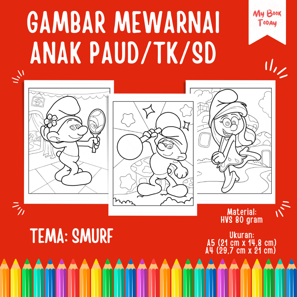 

[My Book Today] Lembar Kertas Sketsa Gambar Mewarnai untuk Anak Sekolah PAUD TK SD Tema Smurf