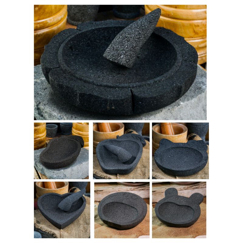 Cobek batu asli, cobek Karakter bermacam bentuk.