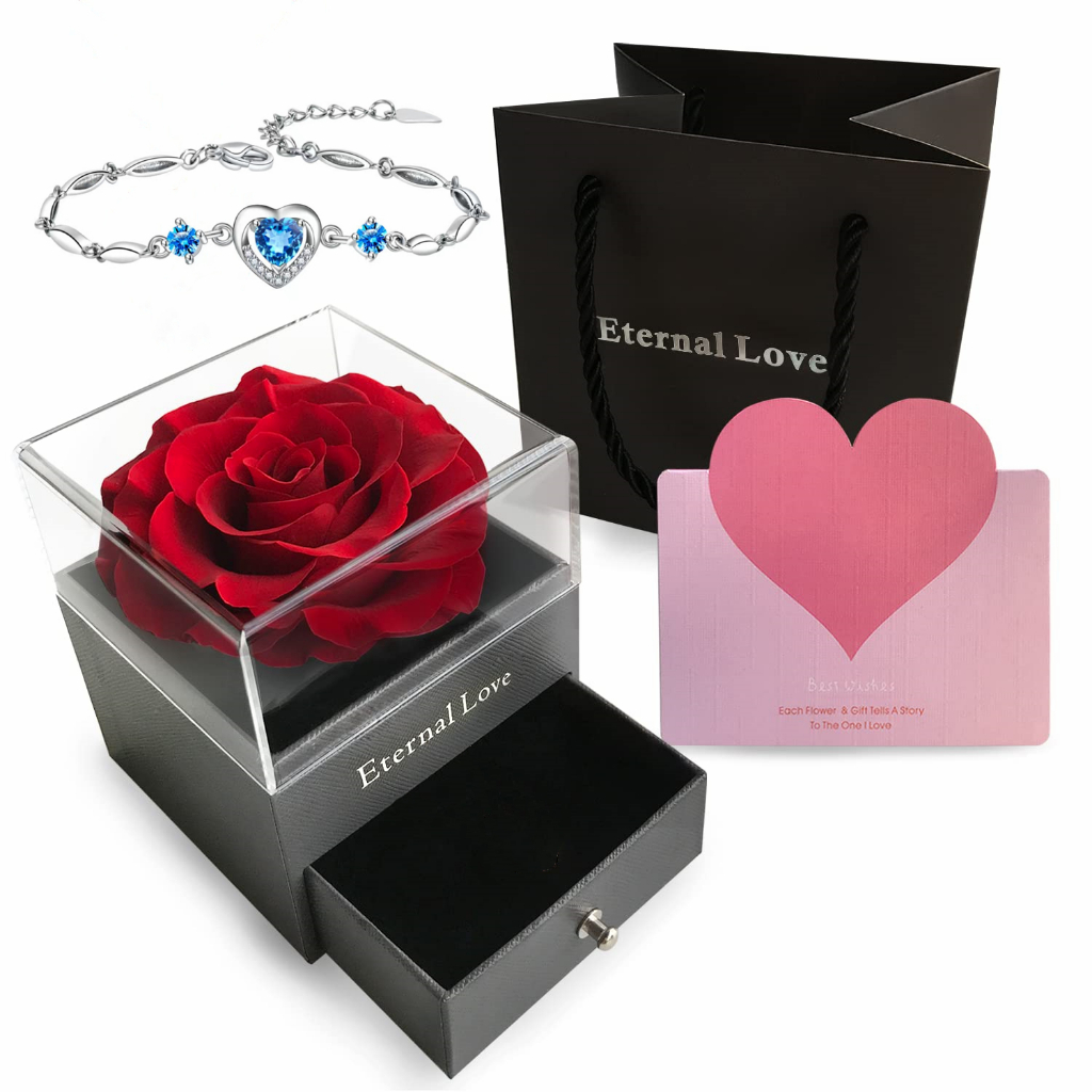 Topspot Bunga asli Gelang Berlian Hati Abadi Diawetkan Mawar Mawar Asli yang Diawetkan Gelang 925 Perak Bracelet cocok Hadiah untuk Gadis Wanita Hari Ibu Ulang Tahun Ulang Tahun Hari Valentine