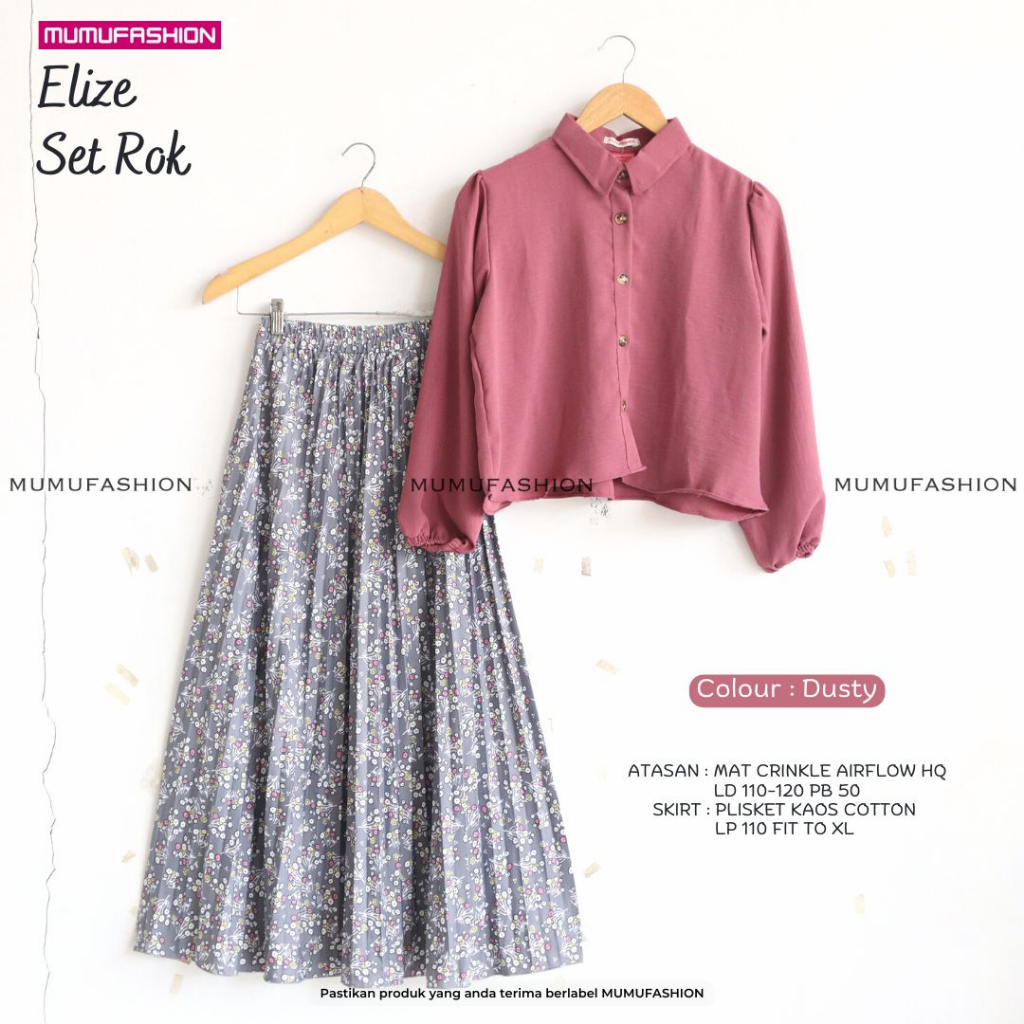 AZRIL - Elize Set Rok by Mumufashion Solo Setelan Blouse Crinkle Bawahan Rok Plisket Motif Premium