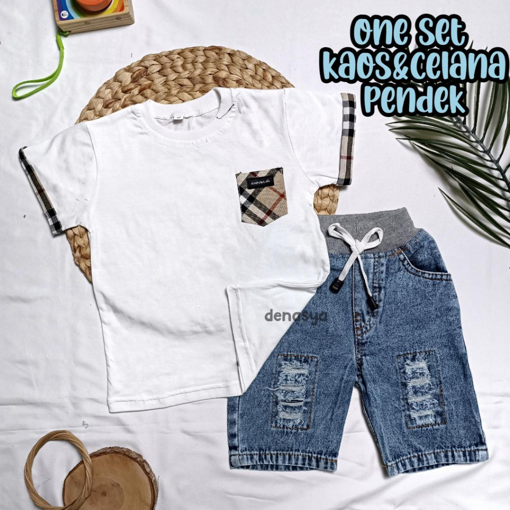 SETELAN ANAK LAKI-LAKI/ CELANA JEANS SOBEK PENDEK/ KAOS KATUN ANAK Usia 1-8 Tahun