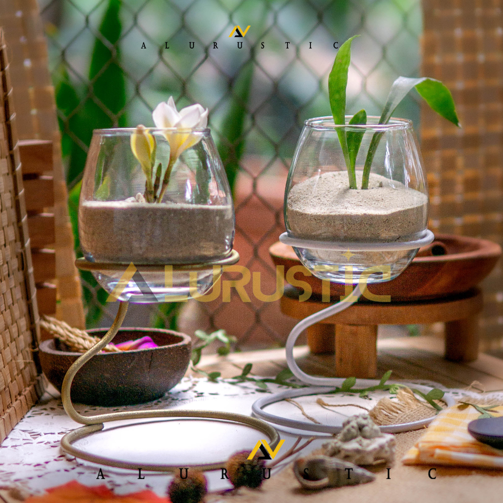 VAS BUNGA KACA STANDING BESI- S / POT TANAMAN AIR HIDROPONIK / TERARIUM KACA MINI / 1SET VAS KACA BU