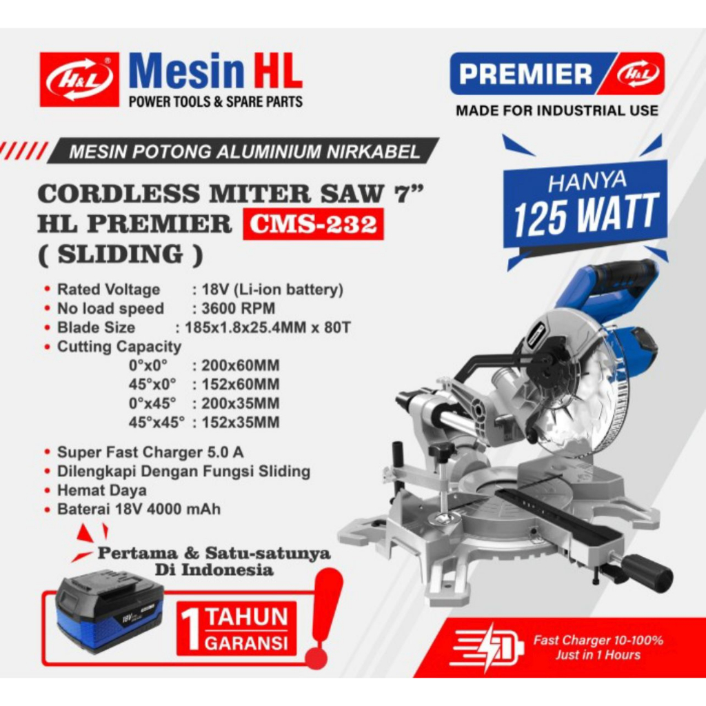 H&L CMS-232 Mesin Cordless Brushless Mitter Saw / Miter Saw 7 Inch 18v