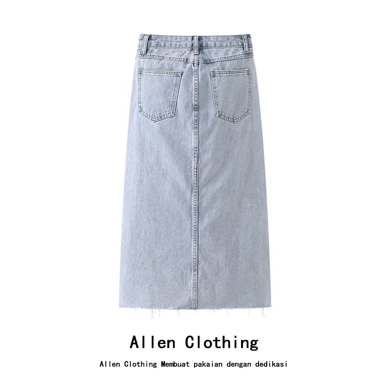 Allen Clothing Rok denim A-line pinggang tinggi wanita gaya Korea