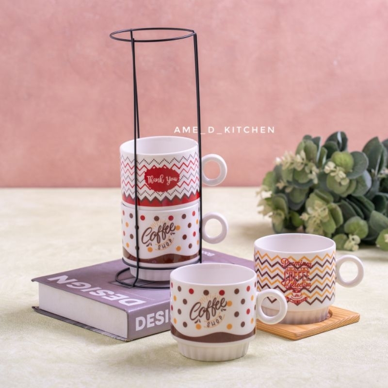 Mug tower keramik susun 4 coffe shop + rak hitam