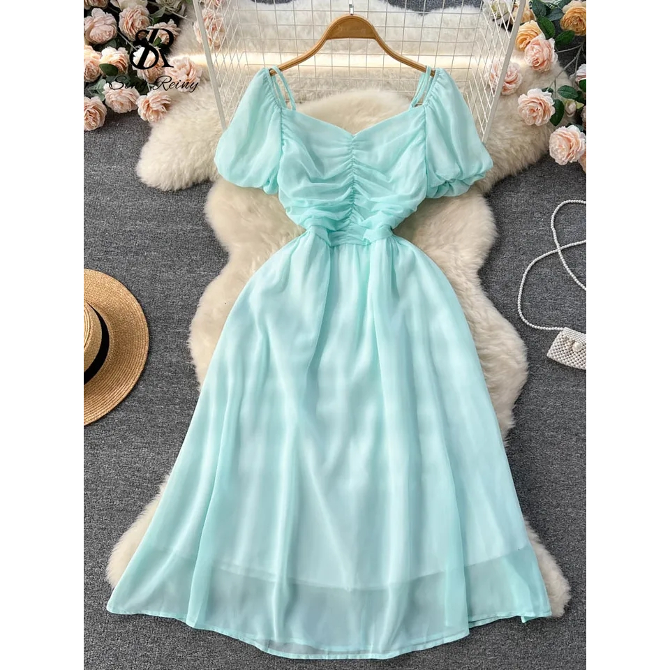 Midi Dress Wanita Sabrina Off Shoulder Retro Kerut Dada Puff Lengan Balon Pendek Polos Tali Bahu