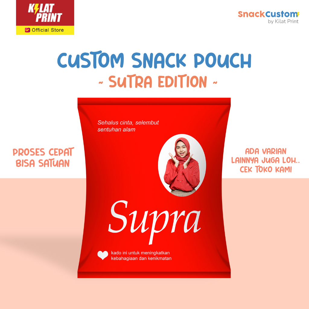 

Snack Custom Foto Teks Bungkus Pouch Jumbo Ala Sutra Edition