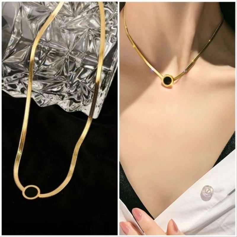 Perhiasan Kalung Titanium Asli-Liontin Bulat Hitam Anti Karat-Anti Luntur
