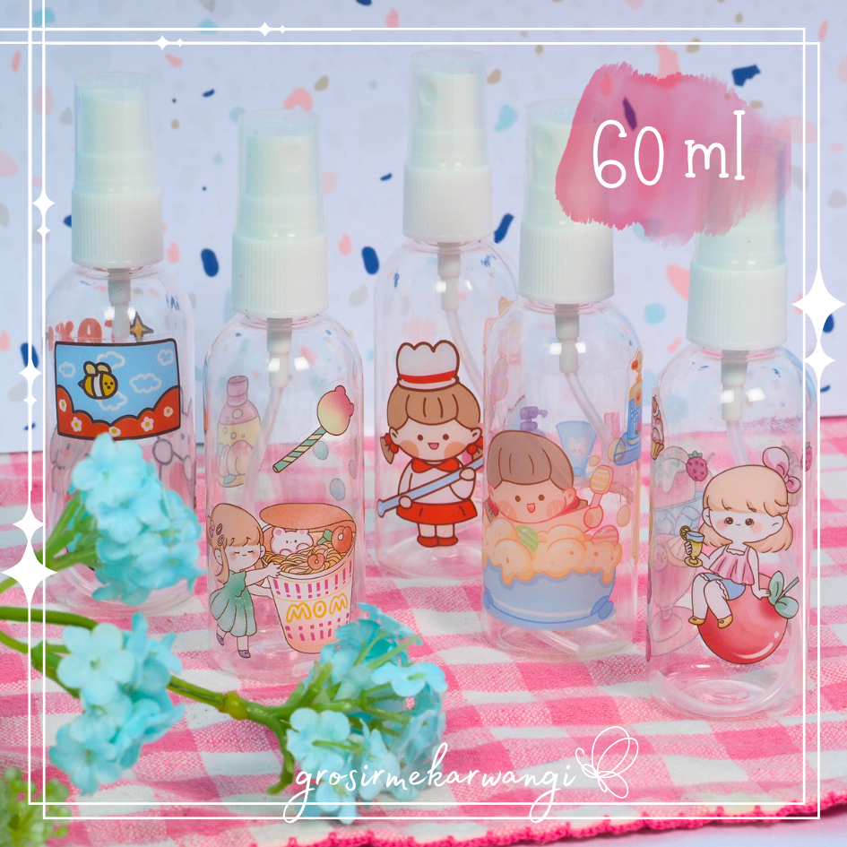 Botol Spray 60ml Transparan Motif Sticker Lucu Botol Semprot Plastik 60 ml Handsanitizer Botor Trave