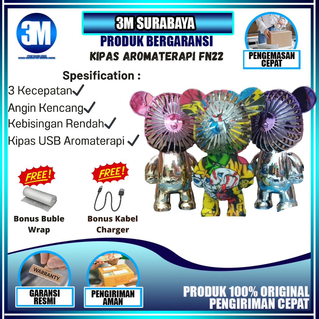 Kipas Angin Mini Portable | Kipas Angin Karakter Bearbrick Meja USB Cas 3 Pengaturan Kecepatan Bentu