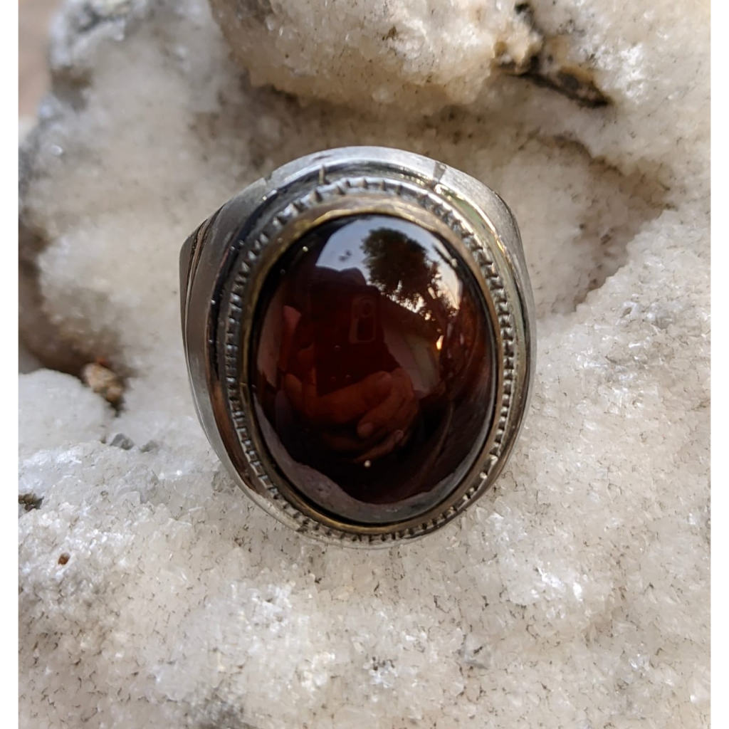 Natural Garnet Hessonite Big Size Ring Monel HM Halus