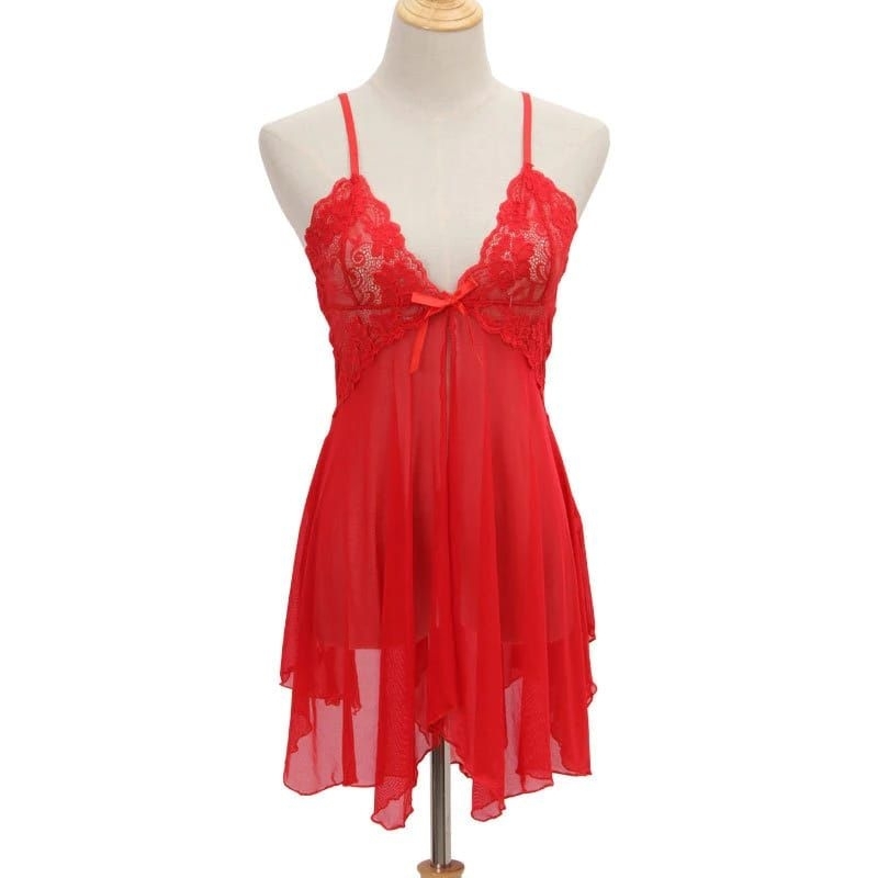 Pakaian  ligerie seksi V neck model renda serat mesh eksotis-Merah