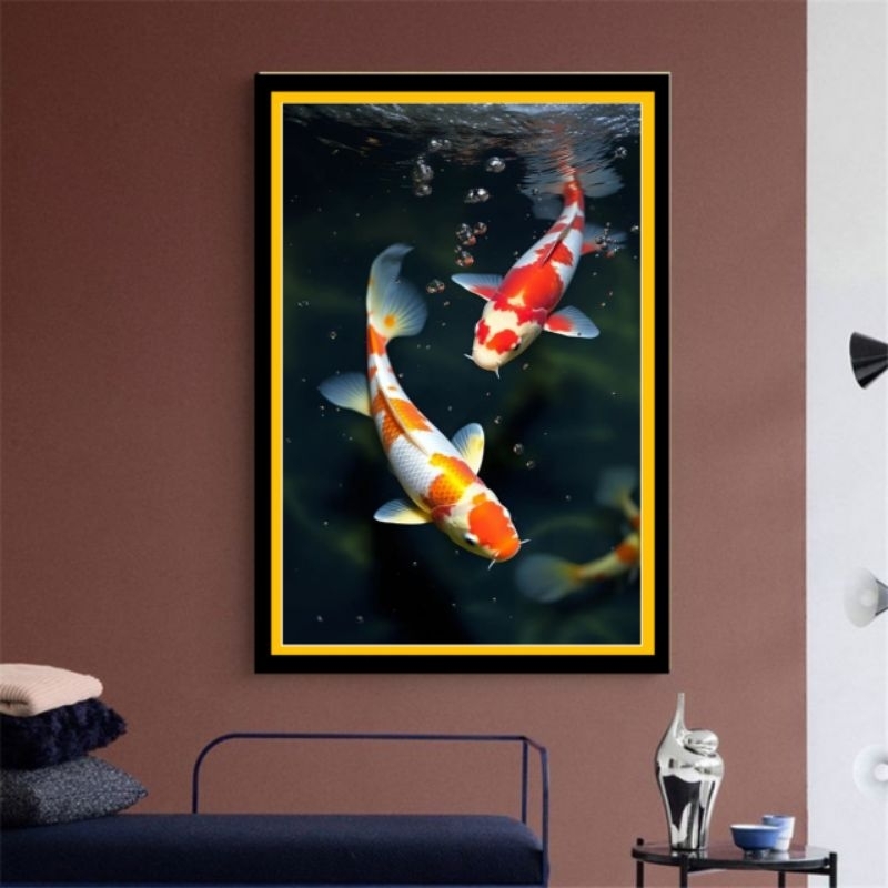 hiasan dinding lukisan cetak ikan koi plus bingkai ukuran 53x35
