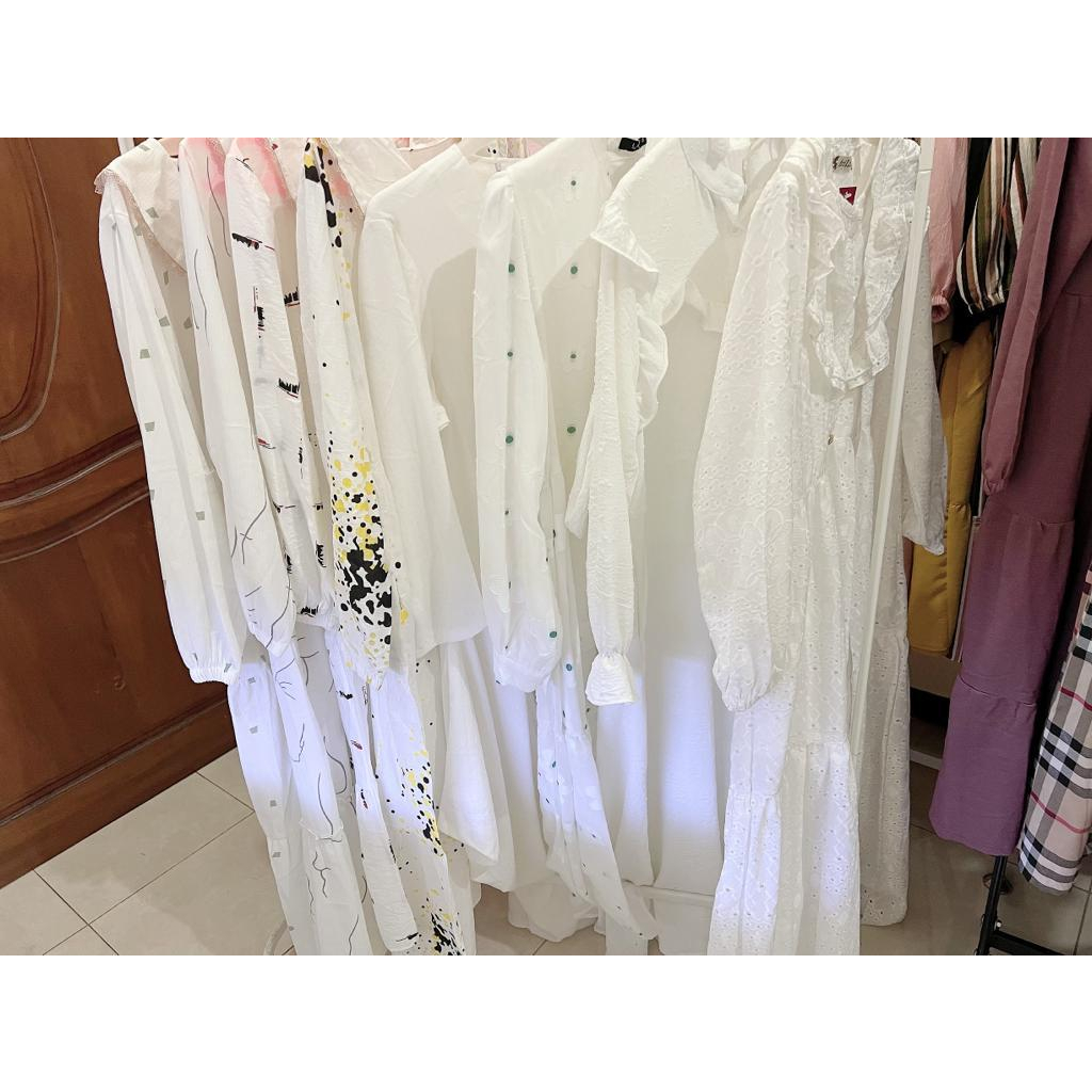 Gamis putih motif midi dress putih motif