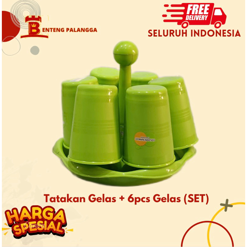 (SET TATAKAN DAN 6BH GELAS) TEMPAT STAND GELAs tg6 1037 6BH GELAS g5015 plastik hijau golden sunkist